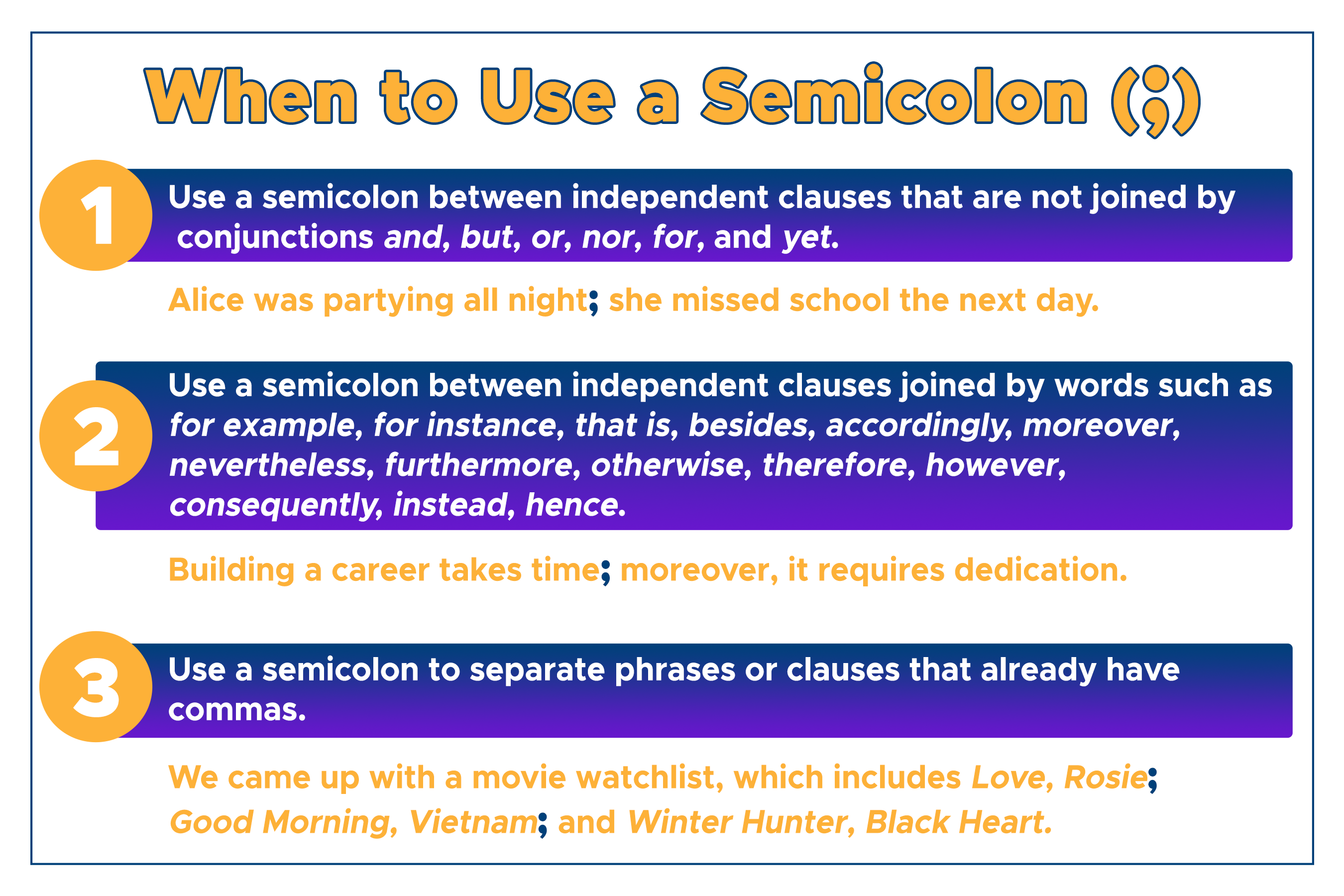 When to use a semicolon (;)