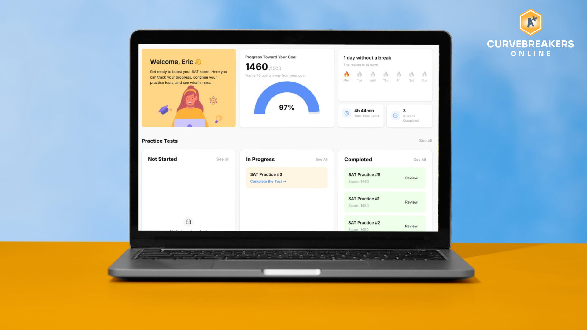 Curvebreakers Online digital SAT prep dashboard on a laptop, showing practice tests and score progress