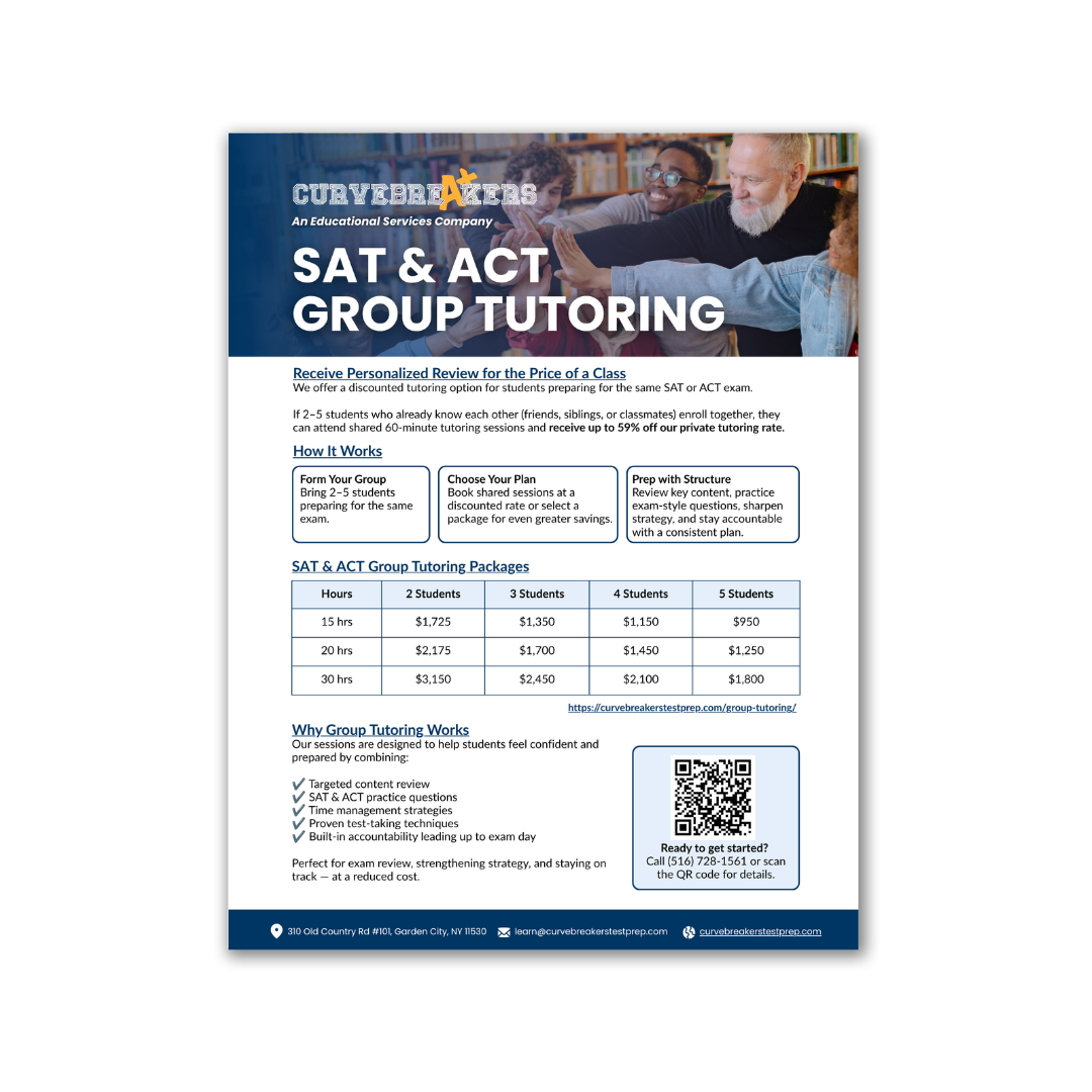 SAT and ACT group tutoring flyer from Curvebreakers